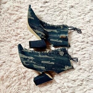 Distressed Denim Lace Up Peep Toe Booties Women's 8 Urban Grunge Y2K Festival